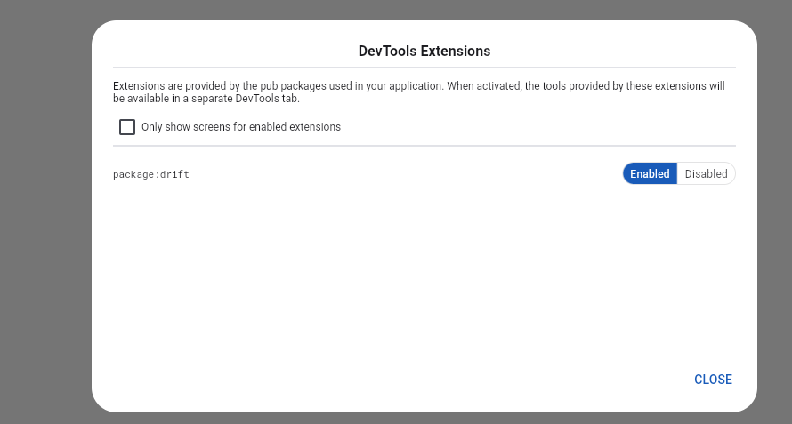 Dialog showing the drift extension, with a button marking it as enabled